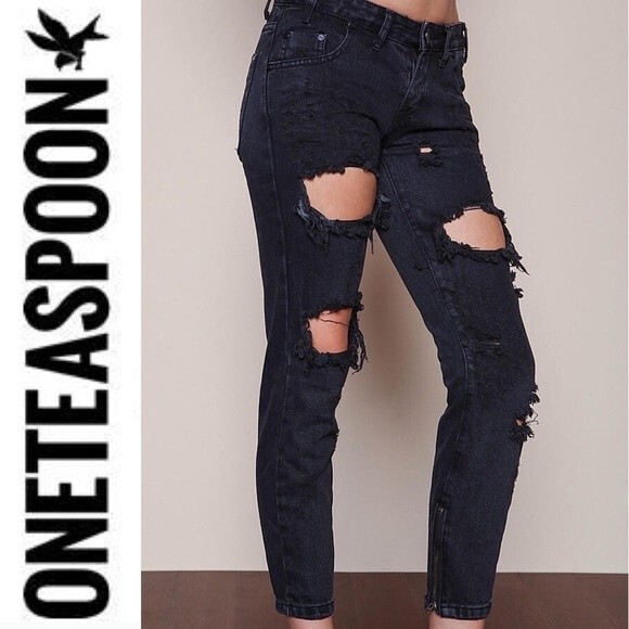 One Teaspoon Trashed Freebirds Jeans Fox Black Ripped Low Rise Distressed Y2K 24 - Picture 6 of 16